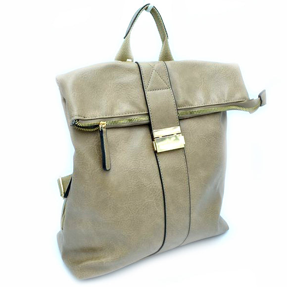 Roll over leather backpack - stone