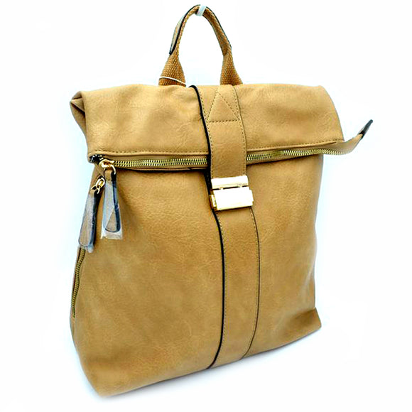 Roll over leather backpack - taupe