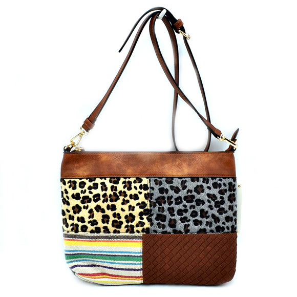 Leopard pattern patchwork crossbody bag - brown