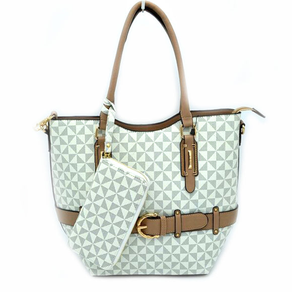 Belted monogram pattern tote with wallet - beige/taupe