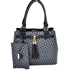 Monogram tassel tote set - black