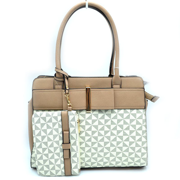 Monogram & Ribbon detail tote with pouch - beige/taupe