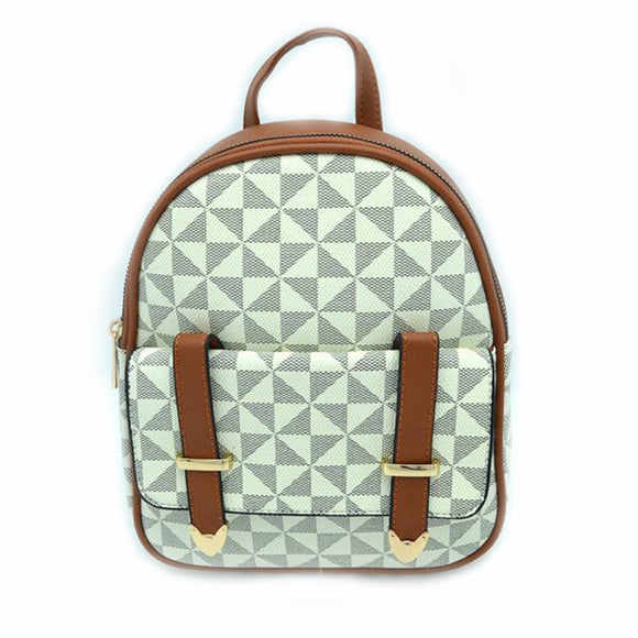 Belted monogram pattern backpack - brown/beige