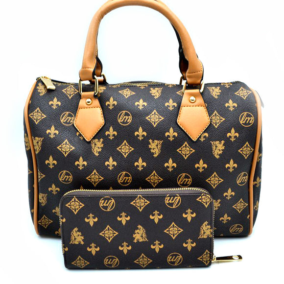 Monogram pattern boston bag with wallet - coffee