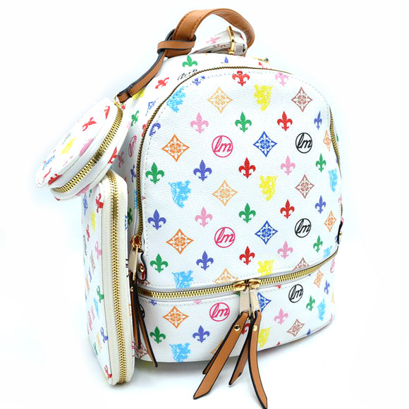 3-in-1 small monogram pattern backpack with wallet - white