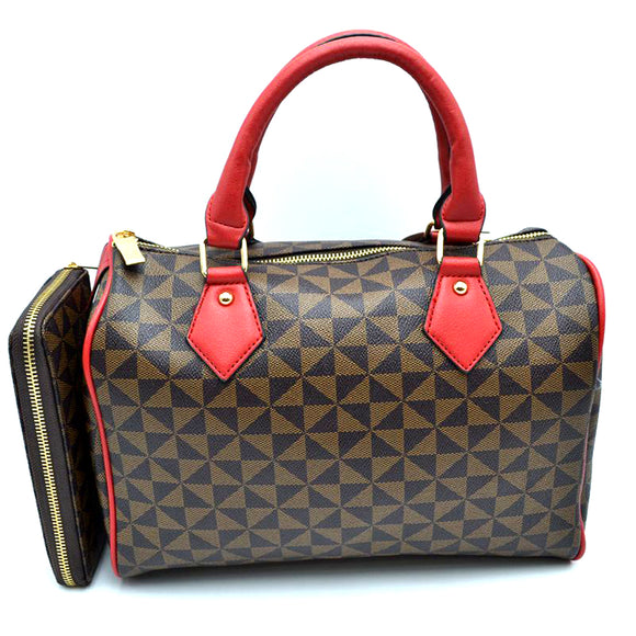 Monogram pattern boston bag with wallet - red/brown