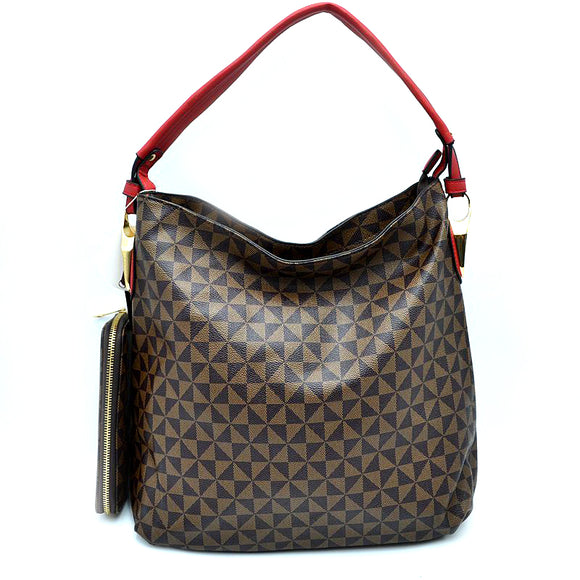 2-in-1 monogram pattern shoulder bag with wallet - red/brown