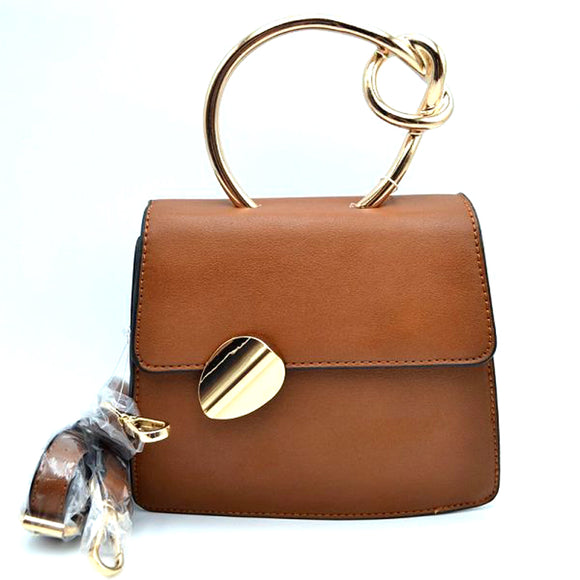 Curved metal handle satchel - brown