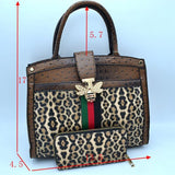 Leopard & crocodile embossed tote set with queen bee - coffee