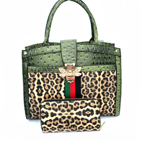 Leopard & crocodile embossed tote set with queen bee - olive