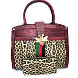 Leopard & crocodile embossed tote set with queen bee - red