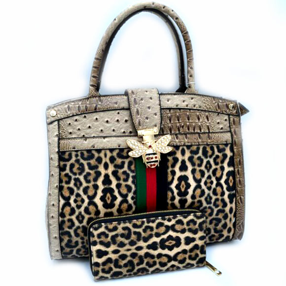 Leopard & crocodile embossed tote set with queen bee - stone