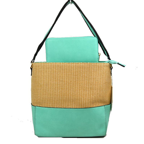 Raffia shoulder bag with wallet - mint