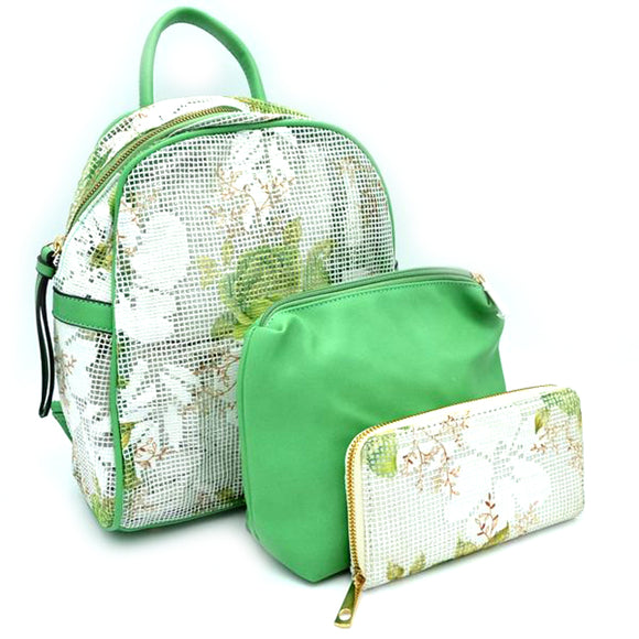 Floral print fish net backpack set - green