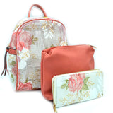 Floral print fish net backpack set - salmon