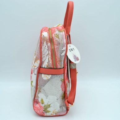 Floral print fish net backpack set - salmon