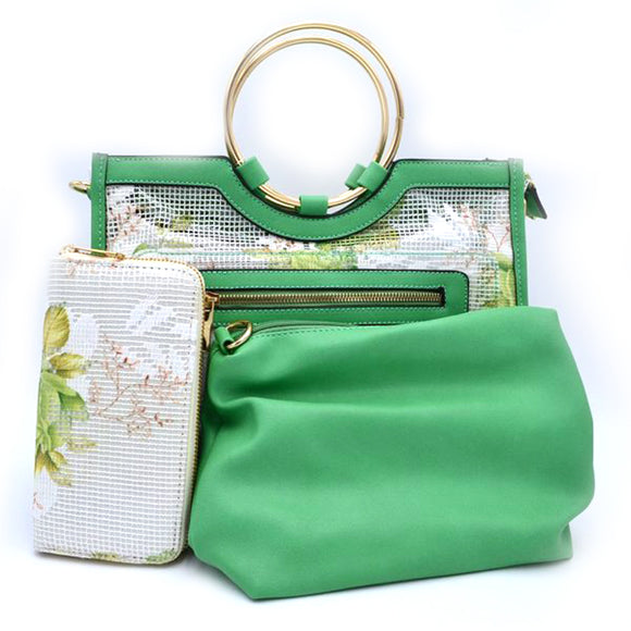 Floral print fishnet tote with wallet - mint