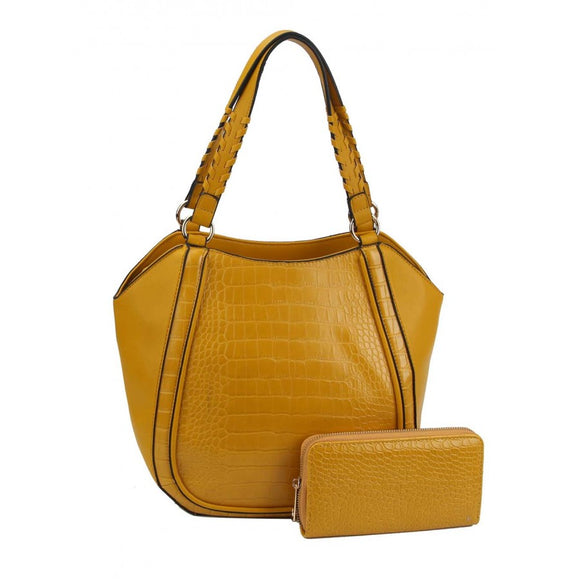 Crocodile pattern tote with wallet - yellow