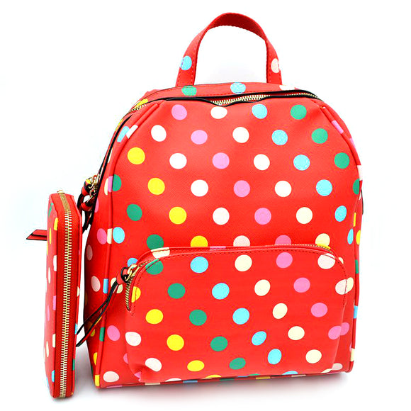 Polka dot backpack with wallet- red
