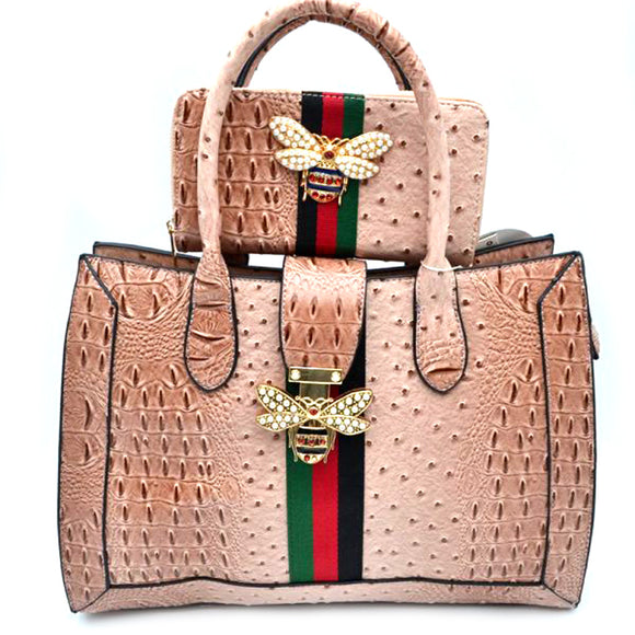 Crocodile embossed & Queen bee tote with wallet - blush
