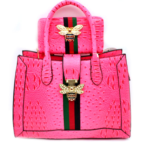 Crocodile embossed & Queen bee tote with wallet - neon fuchsia