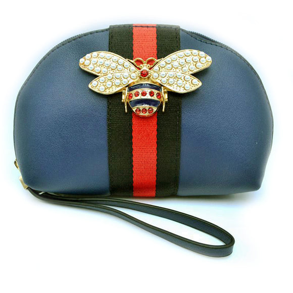 Queen bee & stripe pouch - navy blue