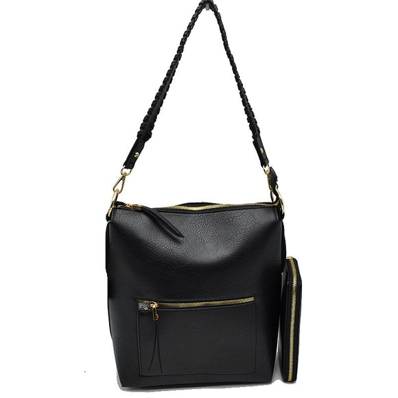 Zipper detail shoulder bag with wallet - black