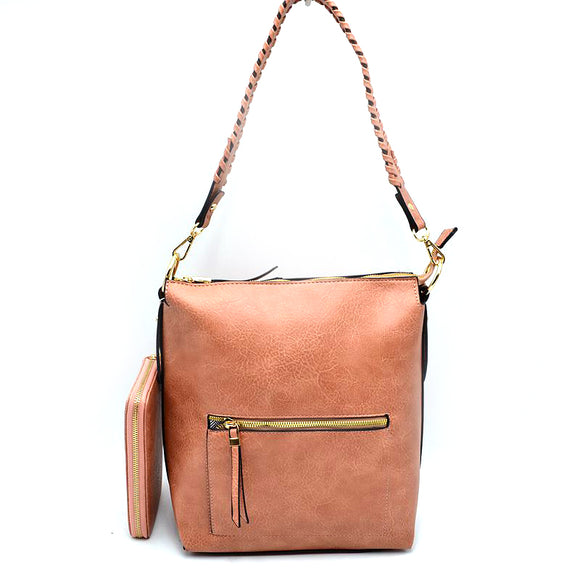 Zipper detail shoulder bag with wallet - peach