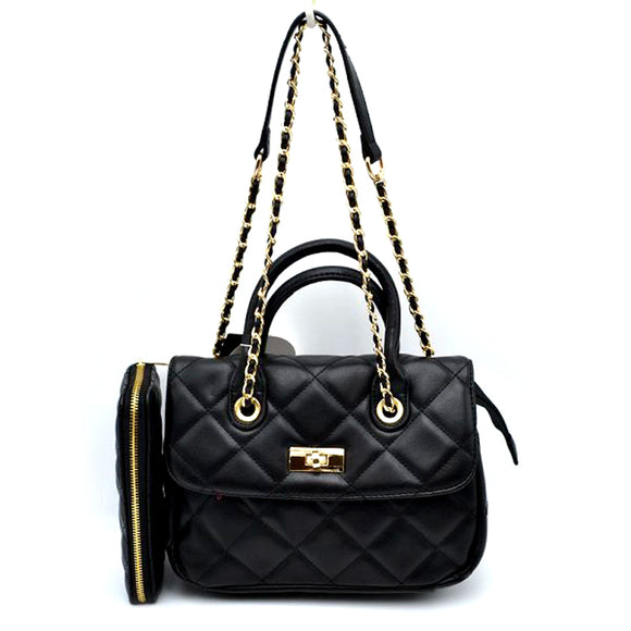 Quilted chain shoulder bag with wallet - black