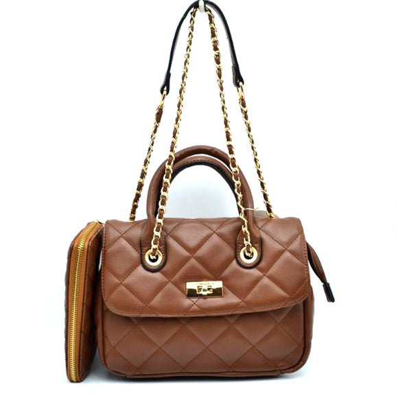 Quilted chain shoulder bag with wallet - brown