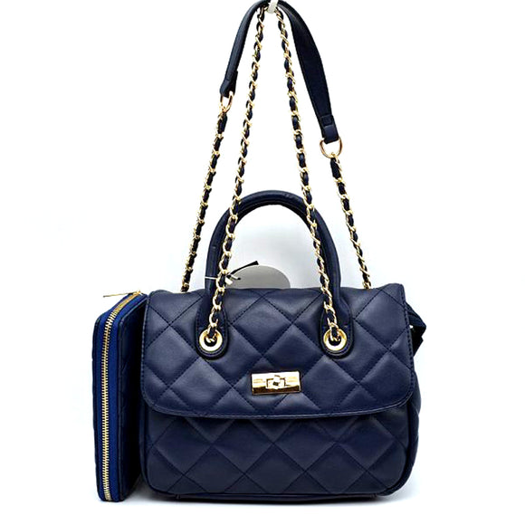 Quilted chain shoulder bag with wallet - navy
