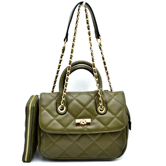 Quilted chain shoulder bag with wallet - olive