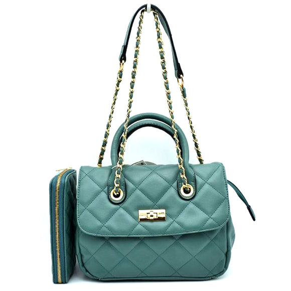 Quilted chain shoulder bag with wallet - turquoise