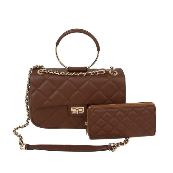 Quilted & round metal handle shoulder bag with wallet - brown