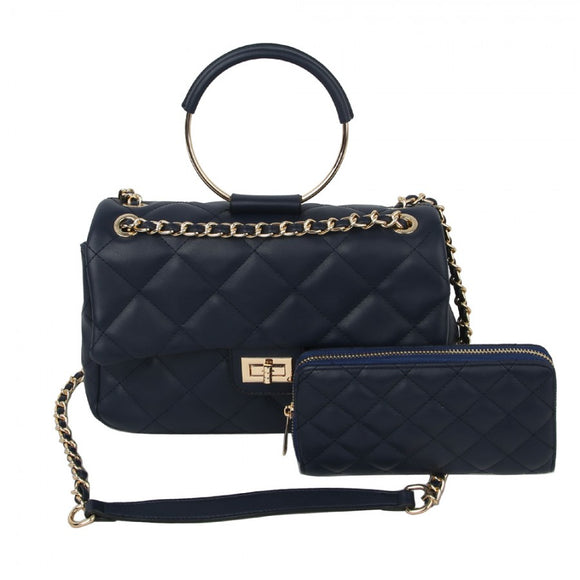 Quilted & round metal handle shoulder bag with wallet - navy