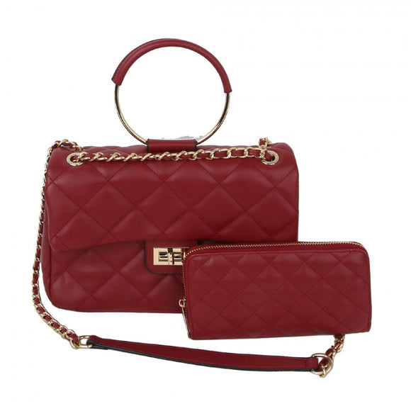 Quilted & round metal handle shoulder bag with wallet - red