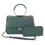 Quilted & round metal handle shoulder bag with wallet - turquoise