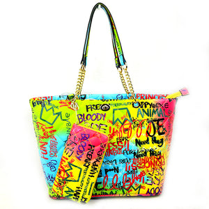 2-in-1 Graffiti quilted chain tote with wallet - multi 1