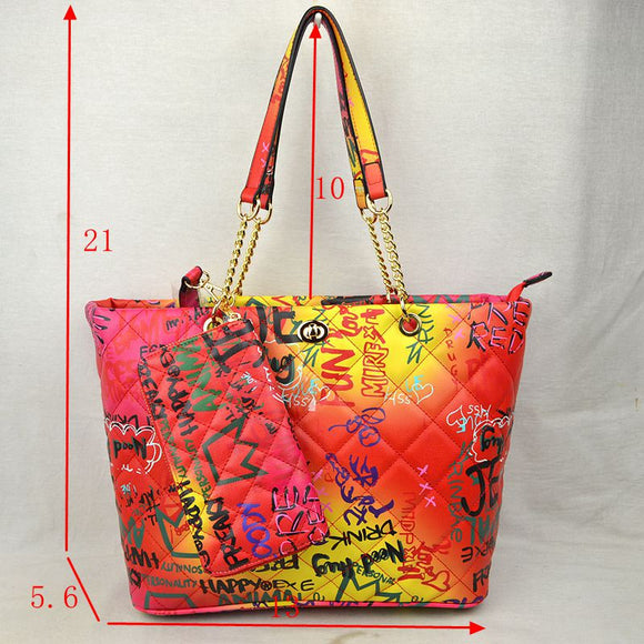 2-in-1 Graffiti quilted chain tote with wallet - multi 5