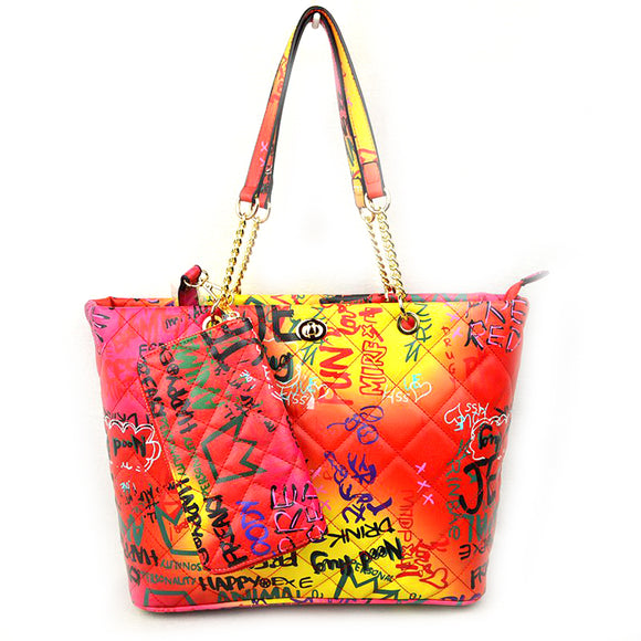 2-in-1 Graffiti quilted chain tote with wallet - multi 4
