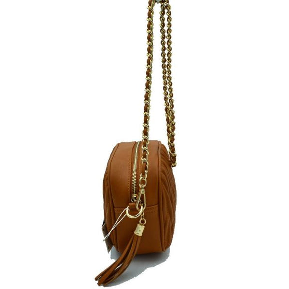 Quilted chain crossbody bag with tassel - brown