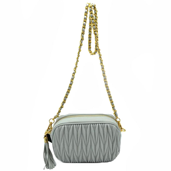 Quilted chain crossbody bag with tassel - grey