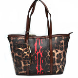 Color-block leopard tote with wristlet - red