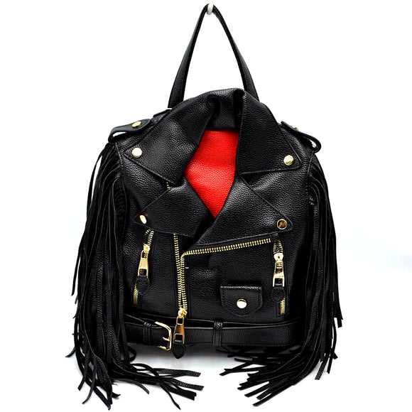 Leather jacket with tassel backpack - black