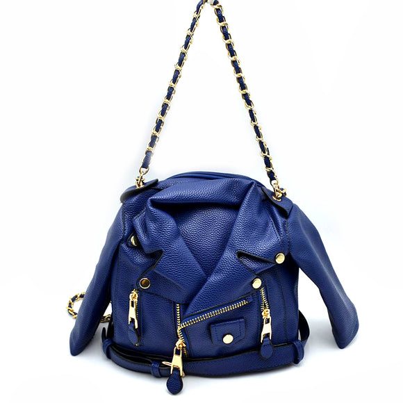 Small leather jacket crossbody bag & backpack - navy blue