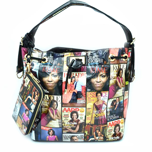 Michelle obama collage bycket bag  with wallet - multi
