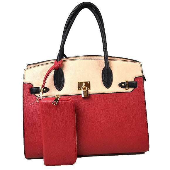 Decorated lock colorblock tote - red white