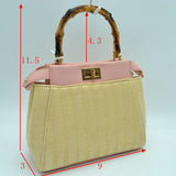 Raffia detail tote with baboo handle - apricot