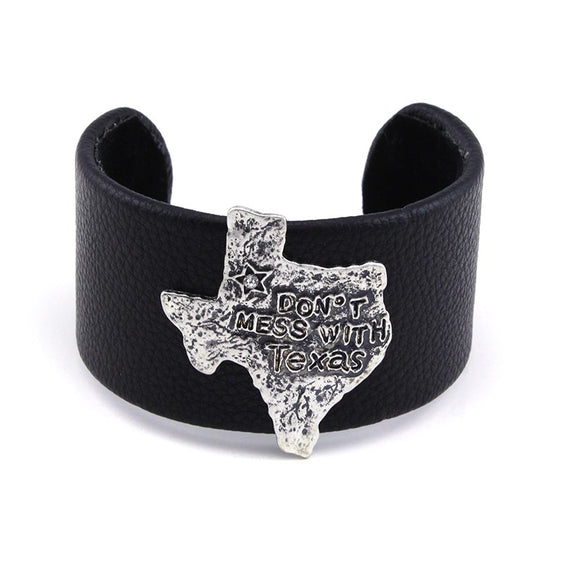 [12PC] Chunky Leather Cuff - don't mess with Texas silver