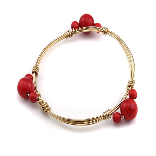 BEAD STONE WIRE BANGLE - CORAL RED - Pink Vanilla